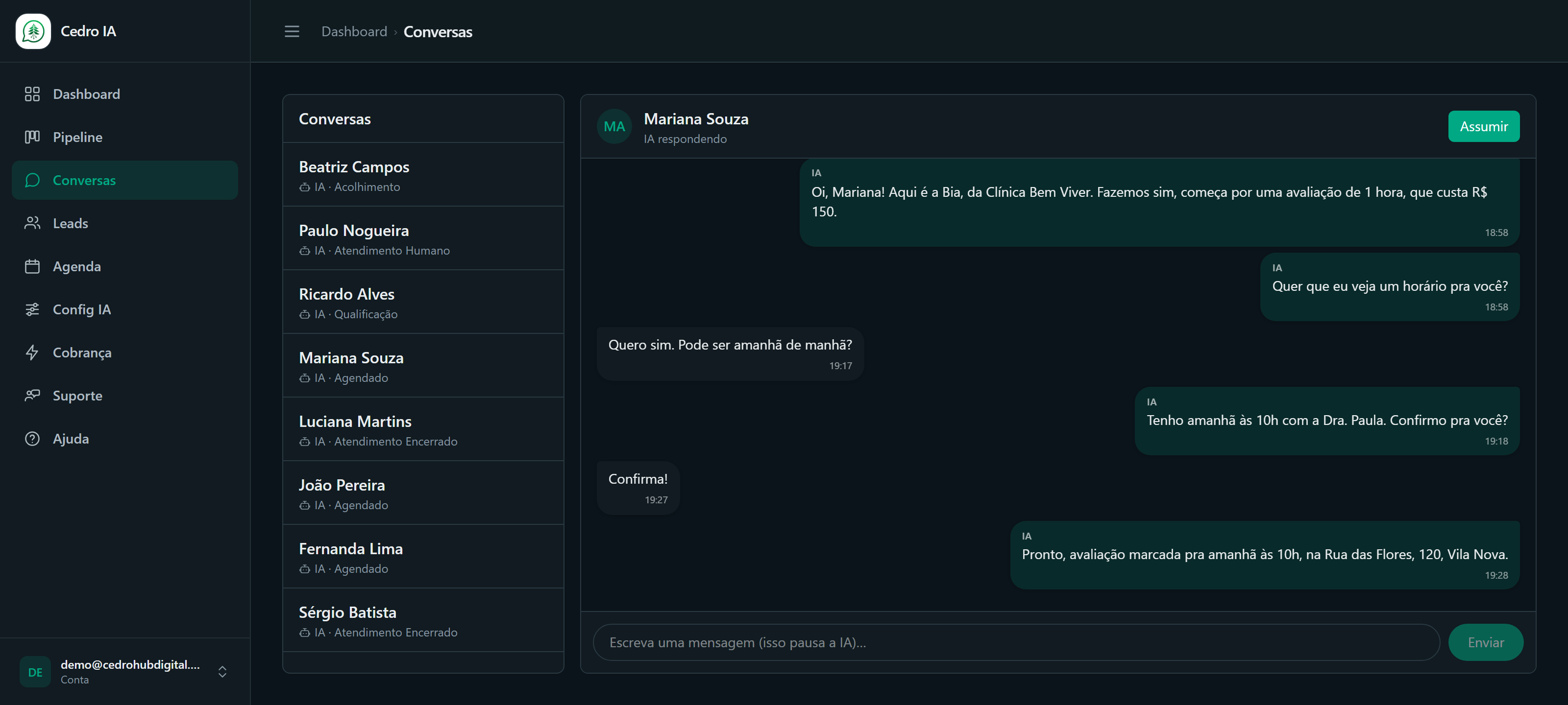 Conversa no painel do Cedro IA com a IA atendendo e agendando o cliente